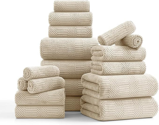 18 Pcs Camel Woven Family Towels Set-6 Bath Sheets,6 Hand Towels,6 Washcloths Soft Polyester Towels Absorbent Shower Towel Quick Dry Beach Chair Towel Lint Less Towels Set for Bathroom Spa Gym Hotel