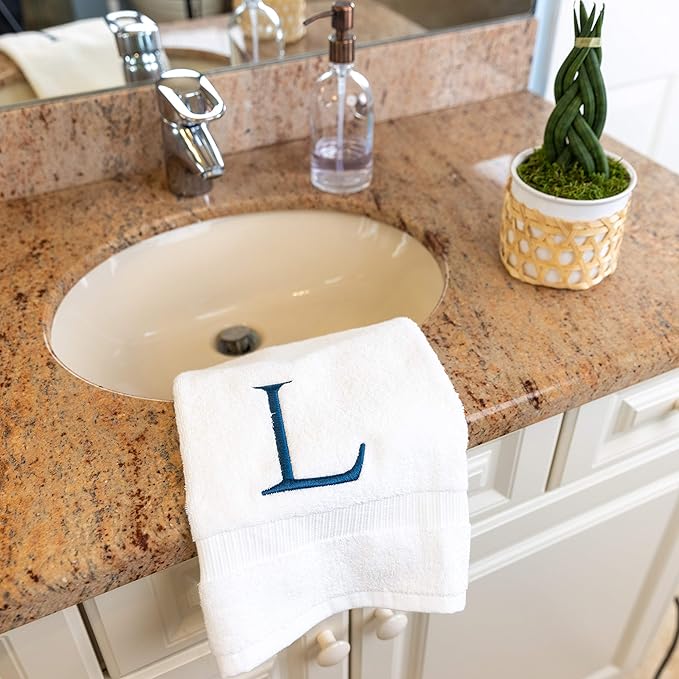 Monogrammed Hand Towels for Bathroom - Luxury Hotel Quality Personalized Initial Decorative Embroidered Bath Towel for Powder Room, Spa - GOTS Organic Certified - Set of 2 Navy Letter L