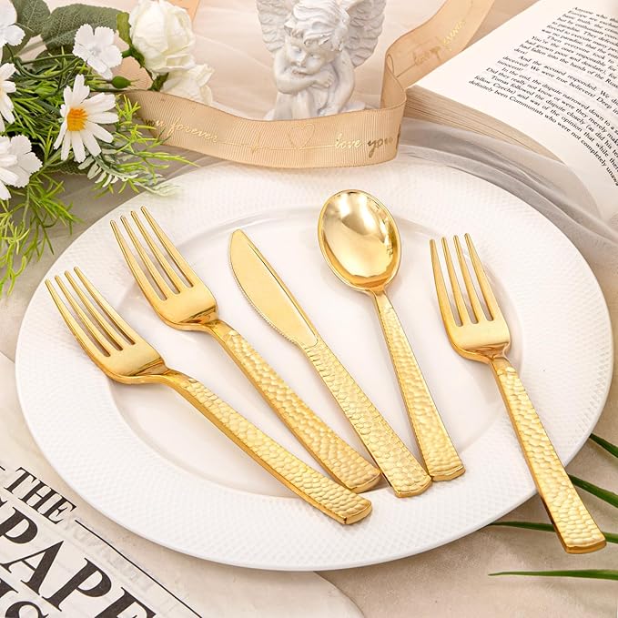 KIRE 400PCS Gold Plastic Silverware - Extra Heavy Duty Hammered Silverware Disposable Set, Gold Utensils Set Include 200 Forks,100 Knives,100 Spoons for Thanksgiving Party, Wedding