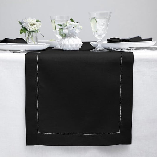 Solino Home Linen Black Table Runner 36 Inches - Classic Hemstitch, 100% Pure Linen Coffee Table Runner 14 x 36 Inch Ideal for Dresser Tables - Winter, Holiday