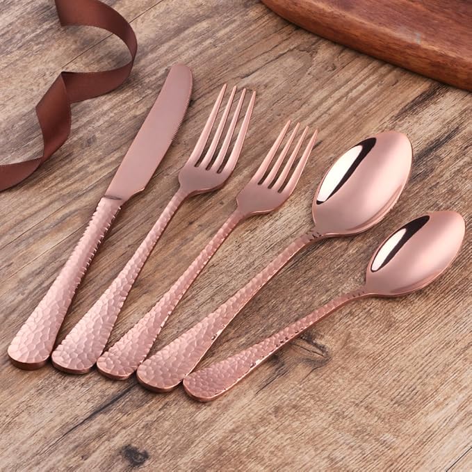 5-Piece Rose Gold Silverware Flatware Set Service for 1 Stainless Steel Cutlery Set Include Dinner Knife Table Fork Table Spoon Salad Fork Tea Spoon for Wedding, Dishwasher Safe