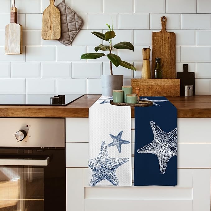 Coastal Starfish Beach Decor Dish Hand Tea Towels for Bathroom Kitchen, Blue Starfish Ocean Nautical Beachy Bathroom Decor, Coastal Nautical Kitchen Towels and Dishcloths Sets of 2, 16x24Inch