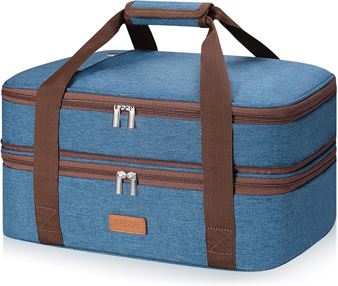 LHZK Double Decker Insulated Casserole Carrier for Hot or Cold Food, Expandable Hot Food Carrier, Lasagna Holder Tote for Potluck Parties, Picnic, Beach, Fits 11 x 15 or 9 x 13 Baking Dish (Blue)