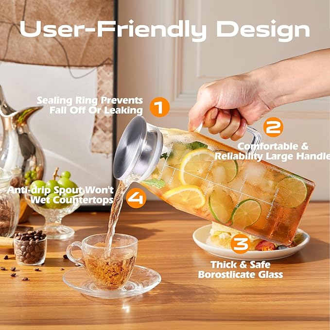2 Liters/68oz 2 Pack Square Glass Pitcher with Lid and Handle for Fridge Door, Aofmee Borosilicate Glass Heat Resistant Dishwasher Safe Iced Tea Jar, Carafe with Scale Line for Hot/Cold Beverage