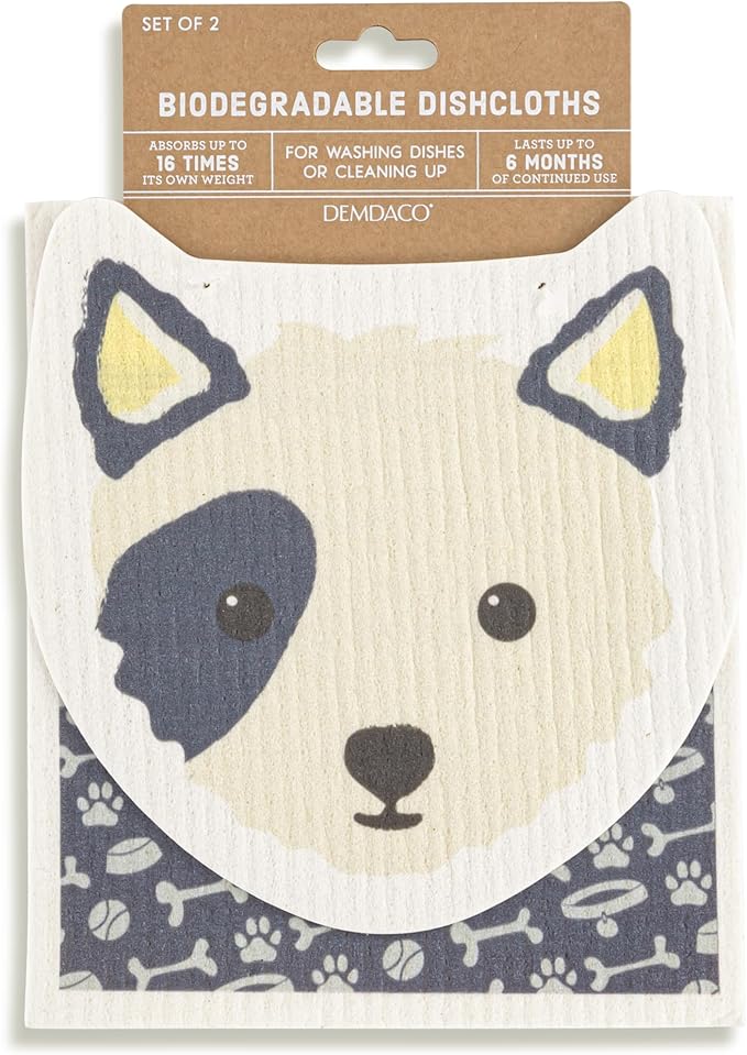 DEMDACO Reusable Biodegradable Kitchen Cleaning Dish Cloth from Design Serving Collection 6 x 7 Inch Cotton Blend Dog Assorted Set of 2