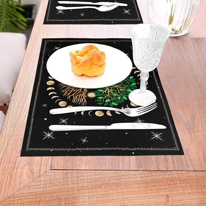 Black Placemats Set of 4, Ancient Life Tree Decorative Place Mats for Dining Table Decor, Linen Washable Table Mats for Kitchen Outdoor Party Home Moon Luna Hippy Decor 12"x18"