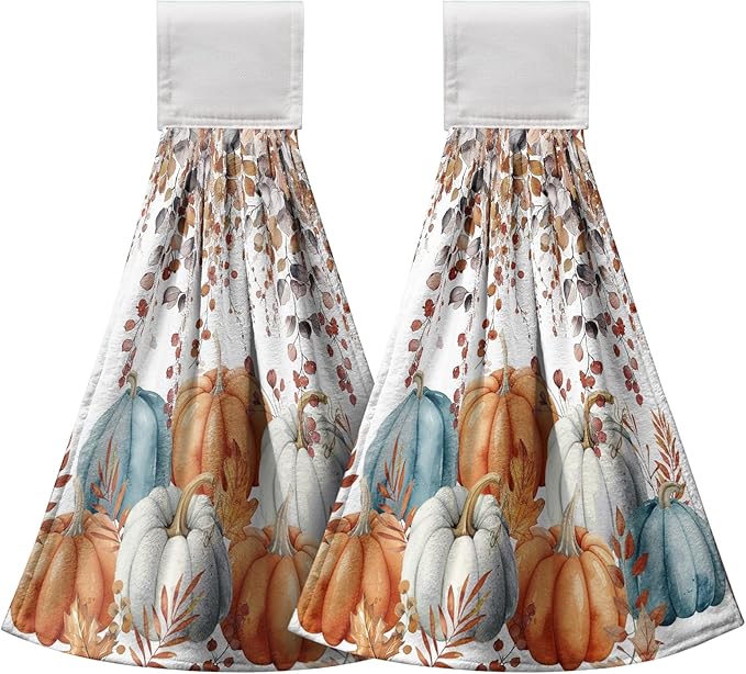 Fall Pumpkins Kitchen Hand Towels with Loop 2 Pcs Autumn Leaves Pumpkin Hanging Dish Towels Soft Absorbent Tie Towel Dishcloths for Bathroom Kitchen Washroom 17 x 12 in