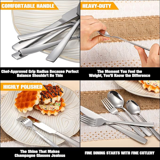 LemonRoad 60 Pcs 18/0 Stainless Steel Flatware Set for 12 Cutlery Set with Modern Round Handle Mirror Polished Silverware for Home Wedding Restaurant Dishwasher Safe