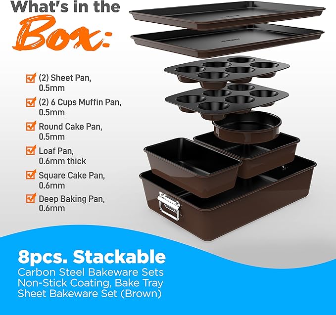 NutriChef 8-Piece Nonstick Stackable Bakeware Set - PFOA, PFOS, PTFE Free Baking Tray Set w/Non-Stick Coating, 450°F Oven Safe, Round Cake, Loaf, Muffin, Wide/Square Pans, Cookie Sheet (Brown)
