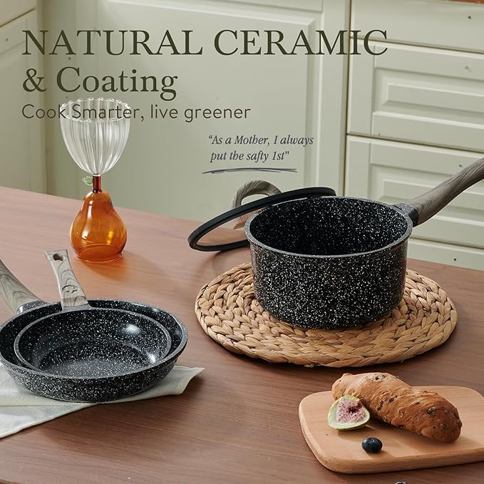 Ceramic Cookware Set 22 Piece Nonstick Pots and Pans Set Non Stick Kitchen Cooking Sets 8"Frying Pans with Lid,Black Granite Non-Toxic Induction Kitchen Cookware w/Glass Lids PFOS/PFOA-Free