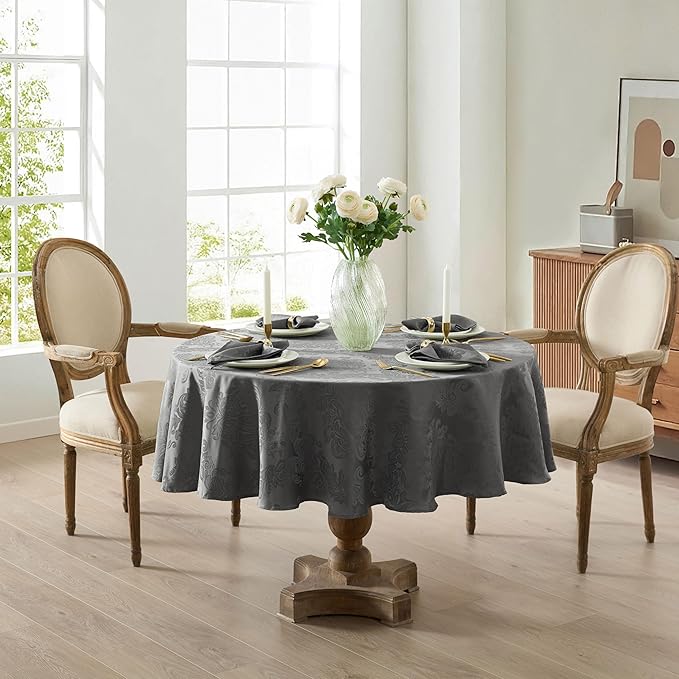 Newbridge Christmas Barcelona Damask Fabric Tablecloth, 70 Inch Round, Grey – No Iron, Soil Resistant Table Cover for Dining, Parties and Holidays