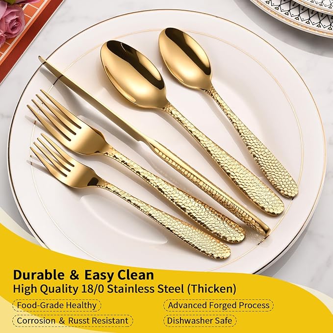 Gold Hammered Silverware Set, 40-Piece Heavy Duty Stainless Steel Flatware Sets for 8, Food-Grade Cutlery Set for Home Restaurant, Mirror Polished, Dishwasher Safe