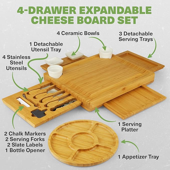 Dynamic Gear Charcuterie Board with Pull Out Drawers - Expandable Bamboo Cheese Board Set with Utensils, Bowls, Serving Trays, Utensil Drawer, and Appetizer Tray - Chic Charcuterie Boards with Drawers