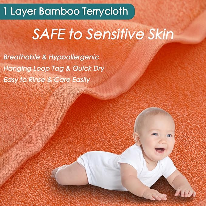 Face Towels 6 Pack, Extra Large 13x13 inch Orange Wash Cloths for Face and Body, Super Soft and Absorbent Bath Washcloths on Sensitive Skin, Easy to Clean Quick Dry Facial Cleaning Cloths with Loop