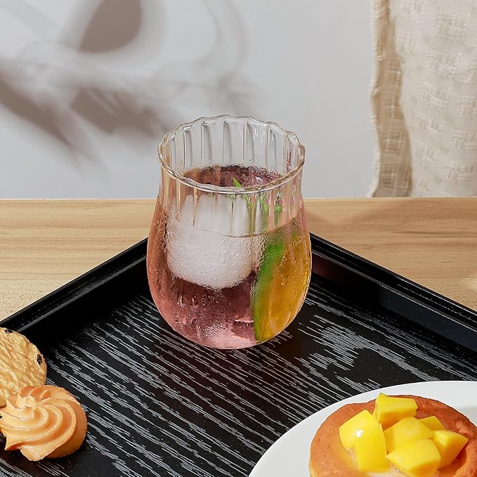 Koythin 2-Piece Ribbed Glass Cups, Vintage Drinking Glassware for Iced Coffee Juice Cocktails Milk Tea Beer, 10 oz/300 ml Cute Bubble Cup with Rounded Shape (Oval Tulip)