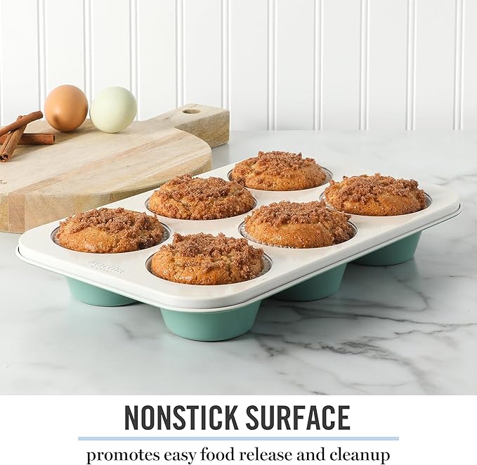 Martha Stewart Gallen 6 Cup Nonstick Carbon Steel Muffin and Cupcake Pan - Teal Durable Bakeware for Muffins, Cupcakes & Mini Cakes