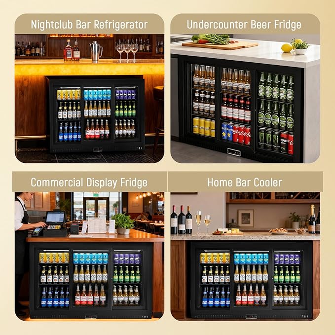 Commercial Back Bar Cooler with 3 Glass Sliding Doors, 11.5 cu.ft Under Counter Beverage Refrigerator, LED Lighting - ETL Beer and Wine Cooler for Bar, Restaurant, Garage, Office, Home