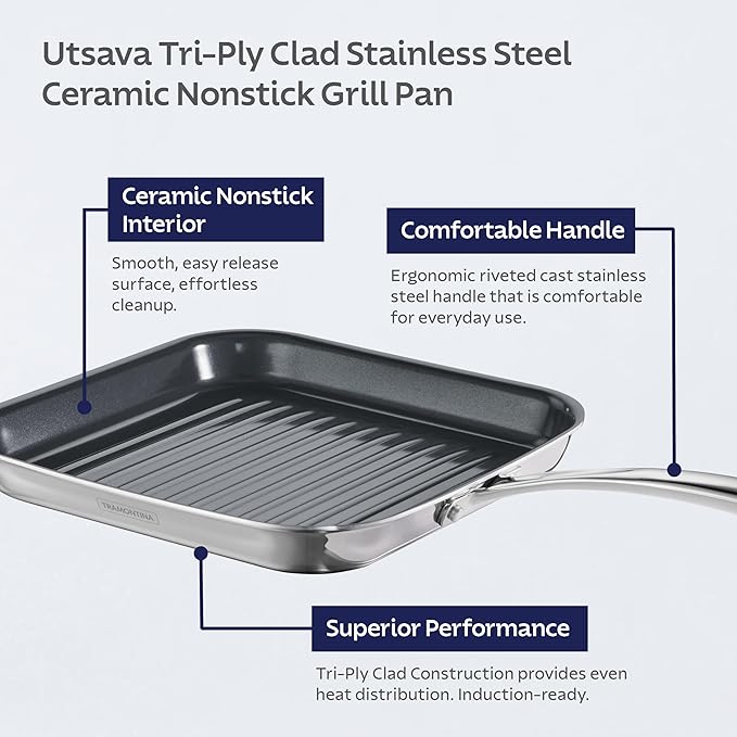 Tramontina Utsava Tri-Ply Clad Stainless Steel 10-Inch Square Grill Pan with Ceramic Non Stick Interior, Induction-Ready