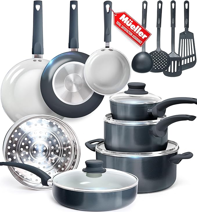Mueller 16-Piece Healthy Stone Pots and Pans Set Non Stick, Non Toxic Ceramic Cookware Set, Dishwasher Safe, w Frying Pans, Sauce Pan, Steamer, Vac-Free Vented Glass Lids, Kitchen Utensils, Slate