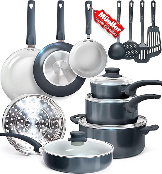 Mueller 16-Piece Healthy Stone Pots and Pans Set Non Stick, Non Toxic Ceramic Cookware Set, Dishwasher Safe, w Frying Pans, Sauce Pan, Steamer, Vac-Free Vented Glass Lids, Kitchen Utensils, Slate