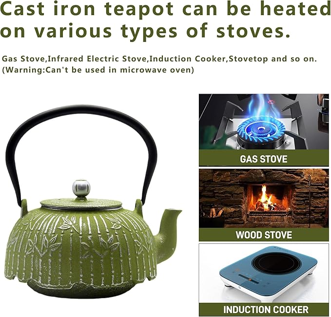 Tea Kettle, Japanese Cast Iron Teapot with Stainless Steel Infuser, Cast Iron Tea Kettle, Durable Teapot Coated with Enameled Interior (40.6oz Sage Green Bamboo Leaf Pattern)