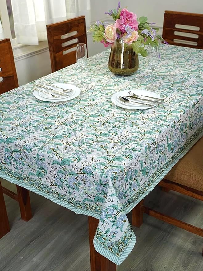Ridhi Sage and Russian Green Hand Block Print Cotton Rectangle Tablecloth 160" x 72" inches Reusable Table Cover Decorative Everyday Use for Dining, Farmhouse, Home, Party, Festive, Wedding, Fall