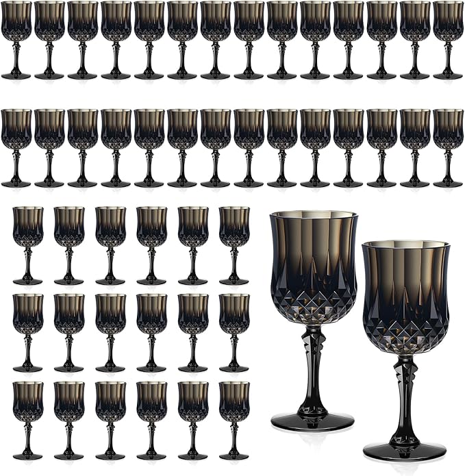 XUWAIDSGN 7oz Plastic Vintage Wine Glasses Drinking Glasses Unbreakable Wedding Glassware Crystal Water Goblets Reusable Drinkware Vintage Champagne Flutes (48, Black)