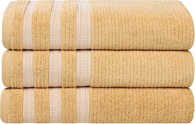 Superior Cotton Bath Towel Set, Zero Twist, Ribbed Geometric, Large Plush Absorbent Body Towels, Luxury Soft Quick Drying, Shower, Spa, Hotel, Pool, Guest Bathroom, Home Essentials, Set of 3, Gold