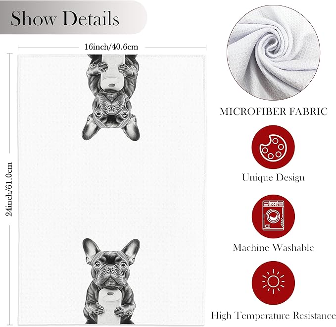 French Bulldog Hand Towels, 16x24 Inch, Microfiber, Modern, Funny Dog Bathroom Decor, French Bulldog Gifts