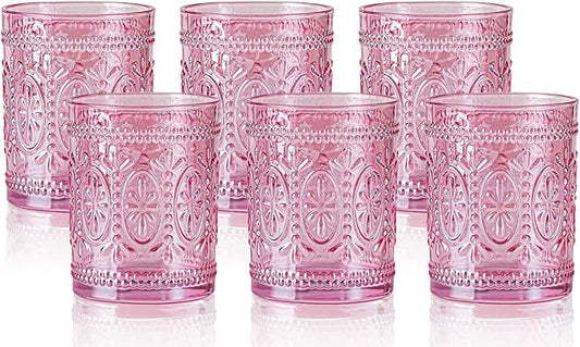6 Pack Pink Vintage Glassware Set, 10oz Romantic Drinking Glasses, Colored Water Glasses, Pink Embossed Glass Cups for Juice, Cocktails, Beer, Iced Tea, Soda