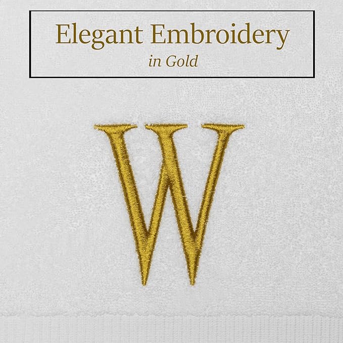 Monogrammed Hand Towels for Bathroom - Luxury Hotel Quality Personalized Initial Decorative Embroidered Bath Towel for Powder Room, Spa - GOTS Organic Certified - Set of 2 Gold Letter W