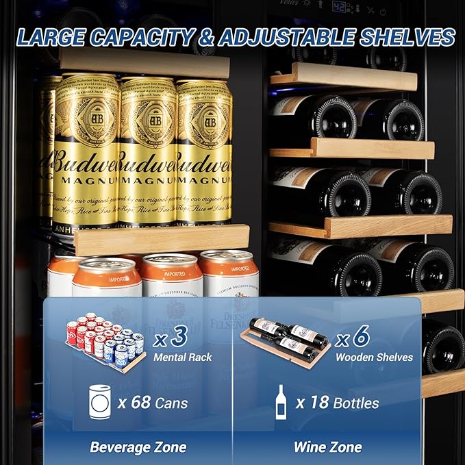 24" Black Dual Zone Wine & Beverage Refrigerator | Under Counter Built-In or Freestanding | 18 Bottles & 68 Cans | Glass Door with Lock Large Capacity for Beer Wine Soda Drinks