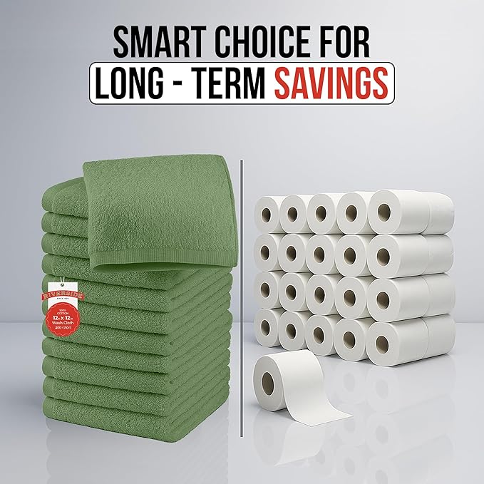 RIVERSIDE 12 Pack Washcloths - 12x12 Inches, 400 GSM, 100% Ring-Spun Cotton - Soft, Absorbent & Durable Face and Body Towels - for Bathroom, Spa, Gym, Makeup Removal & Everyday Use - Sage Green