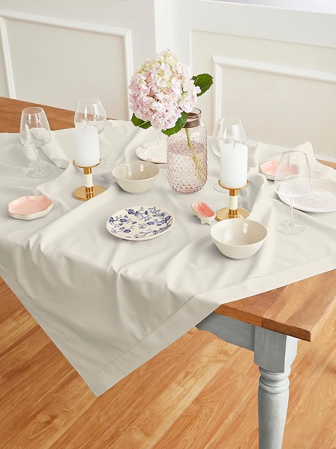 Solino Home Cotton Linen Tablecloth 52 x 52 Inch - Hemstitch Linen Square Tablecloth - Machine Washable Table Throw for New Year