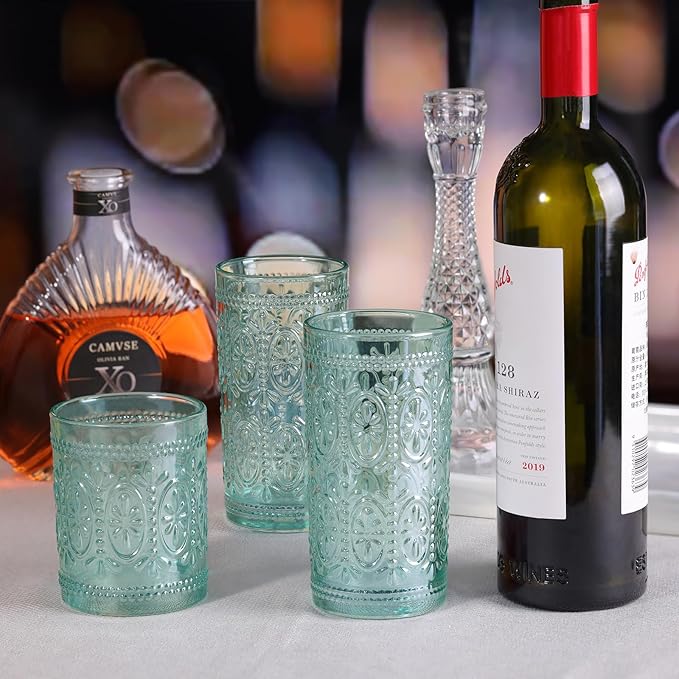 Green Drinking Glasses Set of 4, Vintage Drinking Glasses, Colored Glassware Drinking, Highball Beverage Glasses Cup, Vintage Glassware Set for Water, Juice, Cocktail, Coffee