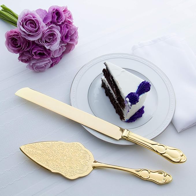 Ella Celebration Gold Wedding Cake Knife & Server Set, Vintage Cake Cutting Utensils, Party Supplies Golden Anniversary Decorations (Elegant Gold)