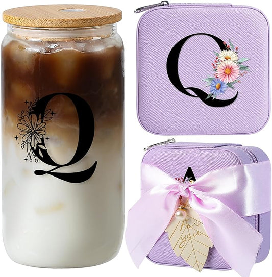 AYGXU Purple Glass Cup with Bamboo Lid and Straw - Teacher Appreciation Gift for Women - End of Year Gift - Aesthetic Travel Cup