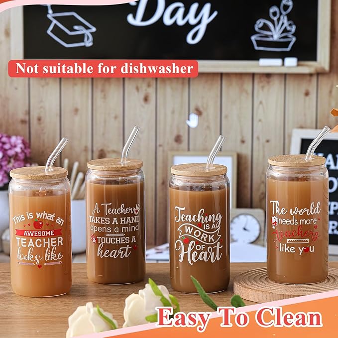 4 Pcs 16 oz Christmas Teacher Gifts for Women Teacher Appreciation Gifts Thank You Coffee Cup Tumbler Drinking Glass Beer Cups with Bamboo Lids Glass Straw Cleaning Brush for Employee Staff(Inspiring)