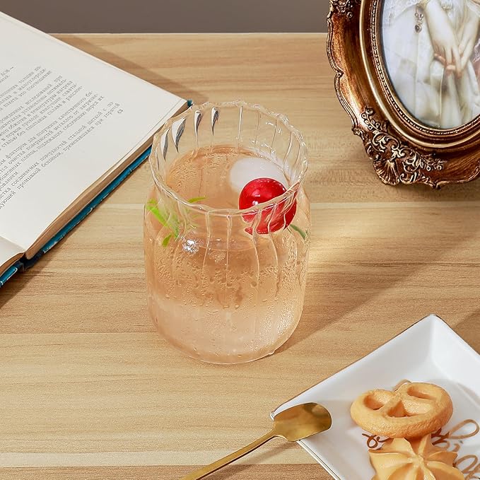 Koythin 2-Piece Ribbed Glass Cups, Vintage Drinking Glassware for Iced Coffee Juice Cocktails Milk Tea Beer, 14 oz/420 ml Cute Bubble Cup with Rounded (Bottle Chubby)