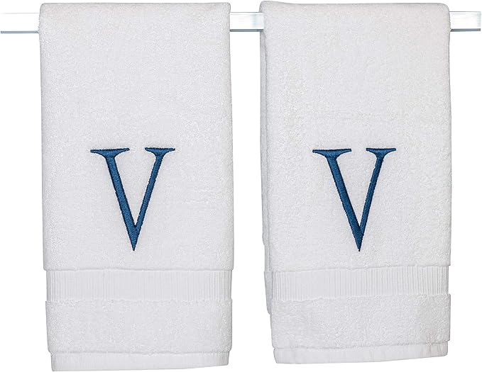 Monogrammed Hand Towels for Bathroom - Luxury Hotel Quality Personalized Initial Decorative Embroidered Bath Towel for Powder Room, Spa - GOTS Organic Certified - Set of 2 Navy Letter V