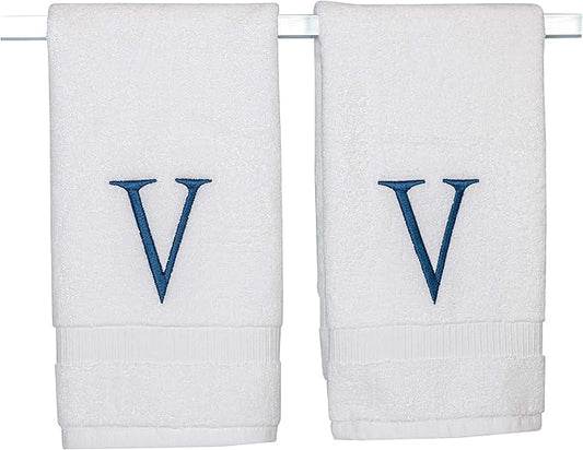 Monogrammed Hand Towels for Bathroom - Luxury Hotel Quality Personalized Initial Decorative Embroidered Bath Towel for Powder Room, Spa - GOTS Organic Certified - Set of 2 Navy Letter V