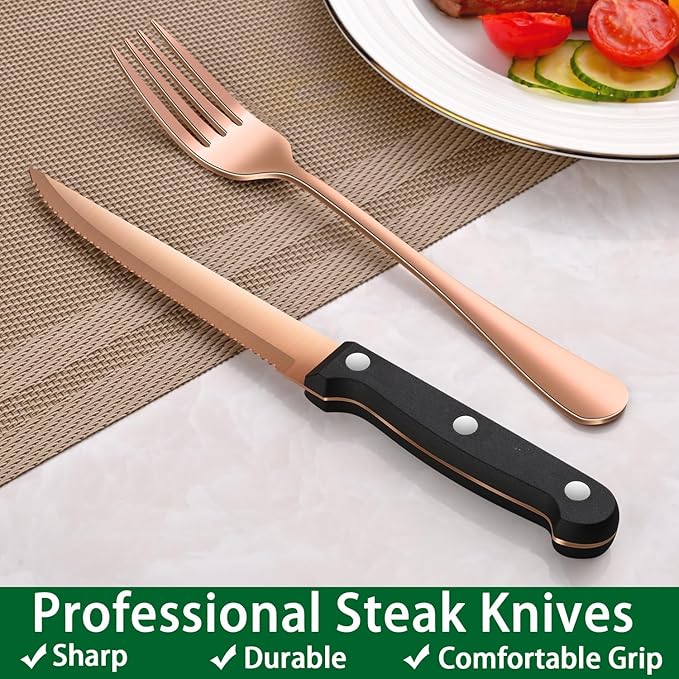 Rose Gold 24 PCS Flatware Sets With Steak Knives Service For 4 Person,Copper Eating Untensils Set For Kitchen,Silverware Set Includes Knife Spoon And Fork Set