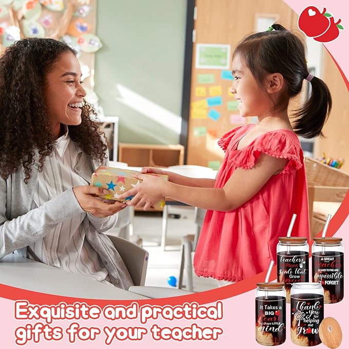 4 Pcs 16 oz Christmas Teacher Gifts for Women Teacher Appreciation Gifts Thank You Coffee Cup Tumbler Drinking Glass Beer Cups with Bamboo Lids Glass Straw Cleaning Brush for Employee Staff(Classic)