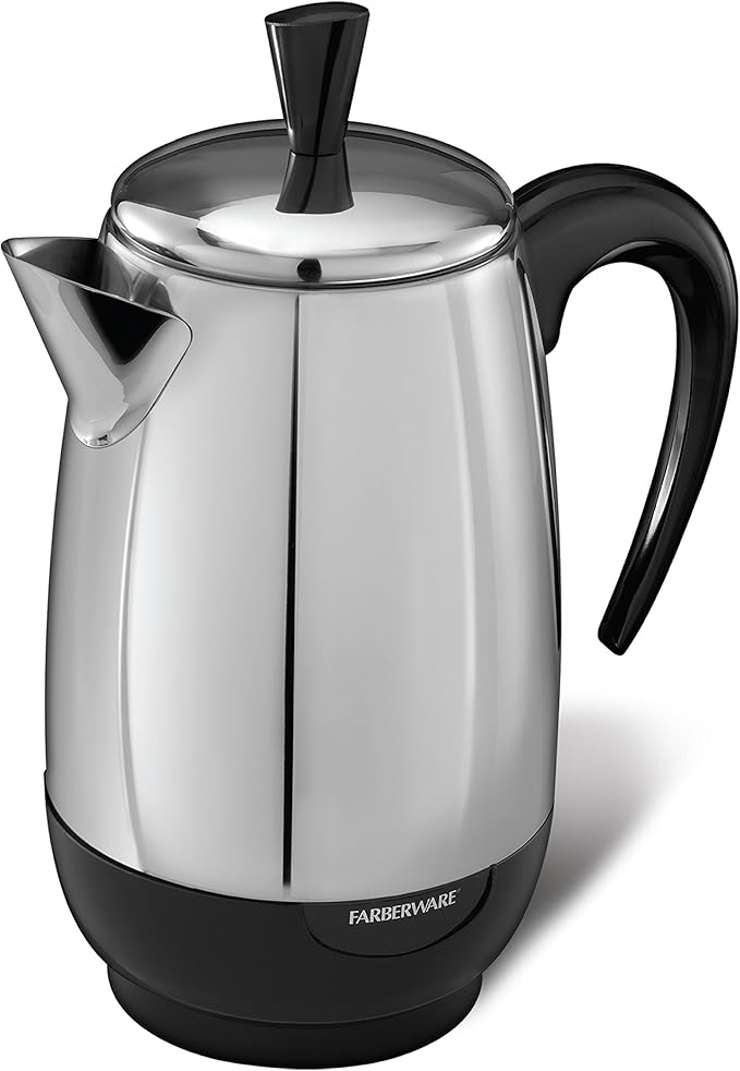 Farberware Electric Coffee Percolator, Stainless Steel Basket, Automatic Keep Warm, No-Drip Spout, 8 Cup