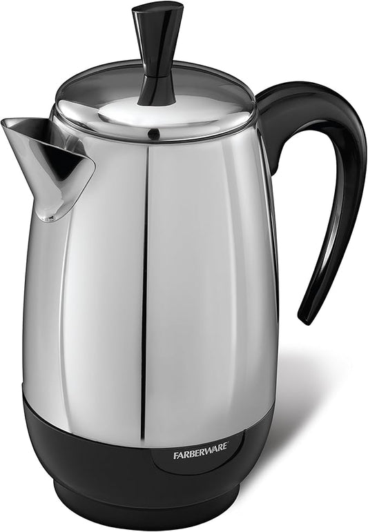 Farberware Electric Coffee Percolator, Stainless Steel Basket, Automatic Keep Warm, No-Drip Spout, 8 Cup
