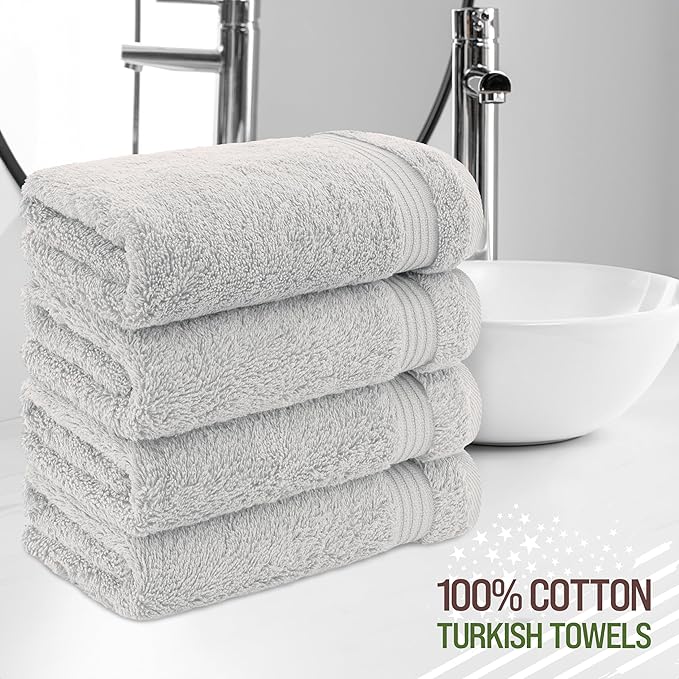 American Veteran Towel, Hand Towels for Bathroom Set of 4, 100% Cotton Turkish Hand Towel Sets, Soft Hand Face Towels, Silver Grey Hand Towels