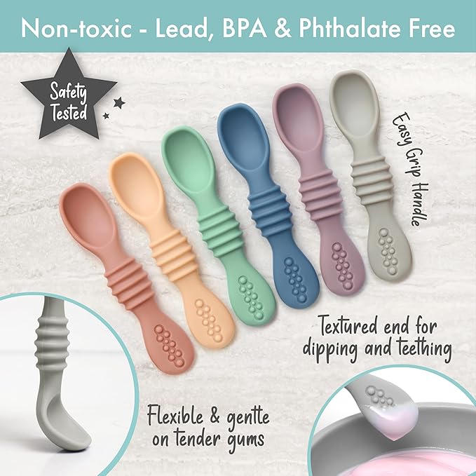 PrimaStella Silicone Chew Spoon Set for Babies and Toddlers - Safety Tested - BPA Free - Microwave, Dishwasher and Freezer Safe - Earth Shades