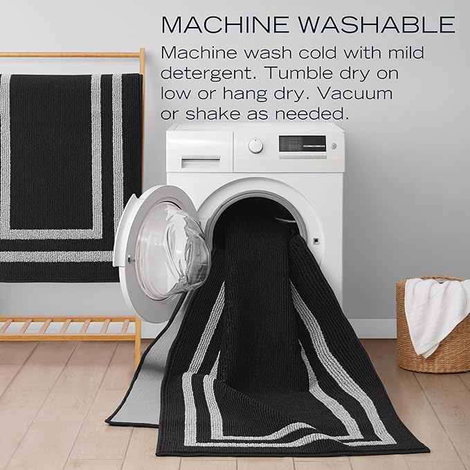 Nautica – Runner Rug 2 Piece Set | Indoor Runners for Hallways and Entry Rugs| Non-Skid Entry and Kitchen Door Mat| Machine Washable Carpet Rugs | 2'2" x 3'9" and 2'2" x 5' | Double Border Black