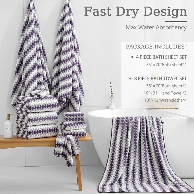 4 Piece Extra Large Bath Towel Set Oversized Bath Sheet 35"x70" Bathroom Towel Set Soft Highly Absorbent & Quick Dry Premium Bath Towel for Bathroom 600GSM Shower Towel Spa Gym Hotel,Plum