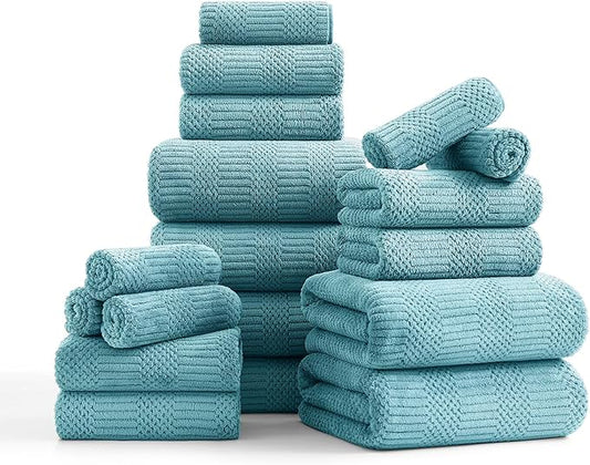 18 Pcs Turquoise Woven Family Towels Set-6 Bath Sheets,6 Hand Towels,6 Washcloths Soft Polyester Towels Absorbent Shower Towel Quick Dry Beach Chair Towel Lint Less Towels Set for Bathroom Spa Gym
